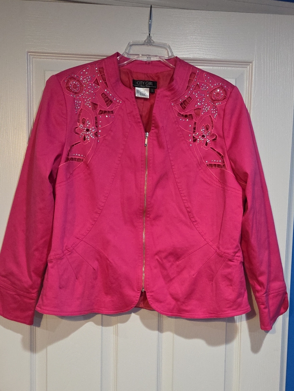 City Girl Hot Pink Embellished Zip-Front Blazer